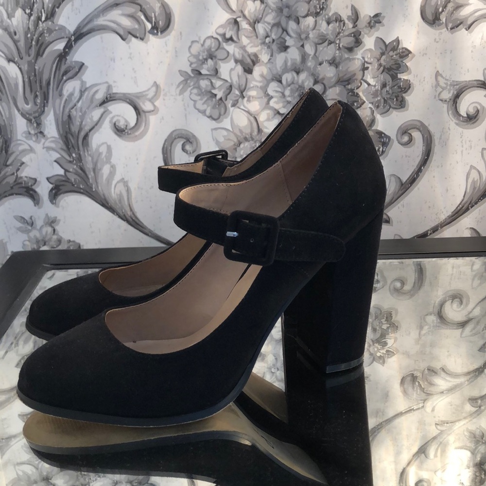 Black suede closed toe block heels
